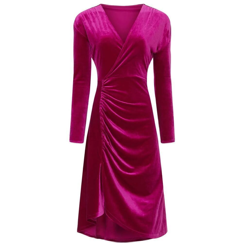Atlein Collective Velvet Ruched Dress Long Sleeve Faux Wrap Knee Length Pink S